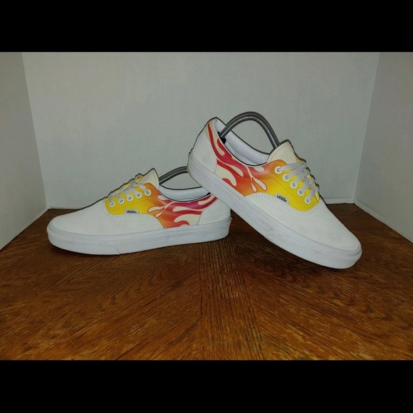 Vans Men's Era Flames True White Orange White Canvas Suede shoes size 9 - Picture 1 of 10